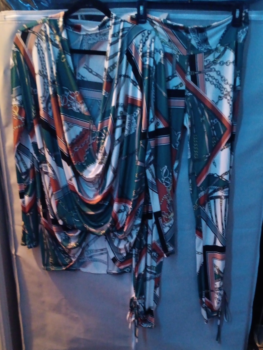 Chain-Print Drape Front Top and Matching Pants Set - Green/White/Brown